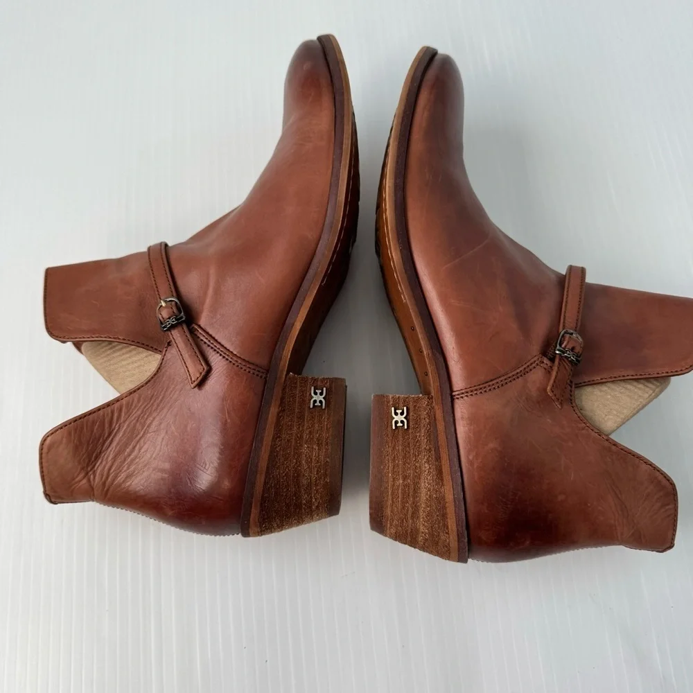 Sam Edelman Palmer cognac leather booties size 8 women’s stacked heel slip on - Picture 8 of 13